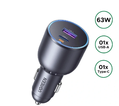 UGREEN 63W Type-C + USB Fast Car Charger;powerful and efficient charging solution for your car